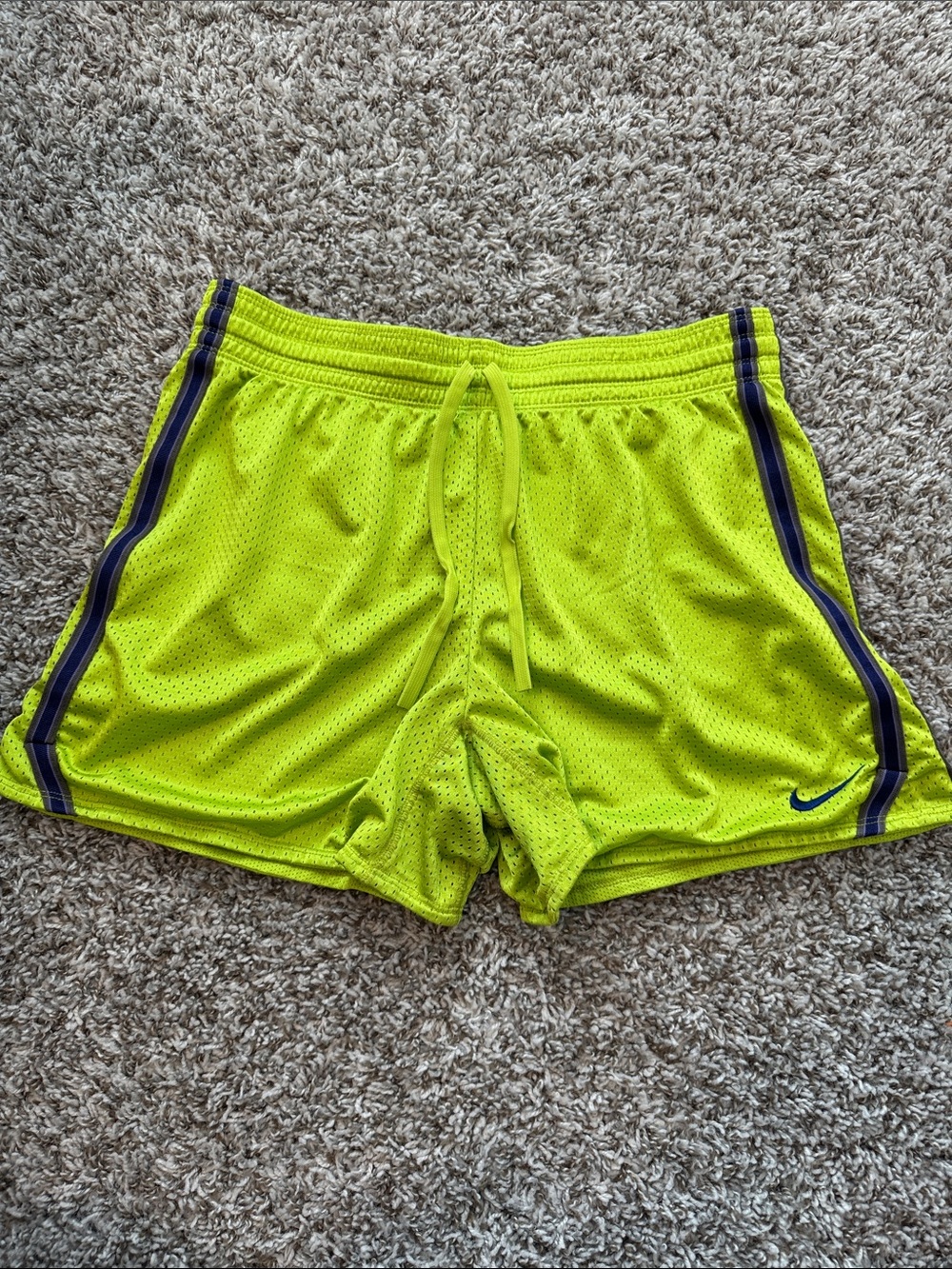 Nike Women's Neon Yellow Athletic Shorts with Navy Side Stripes
